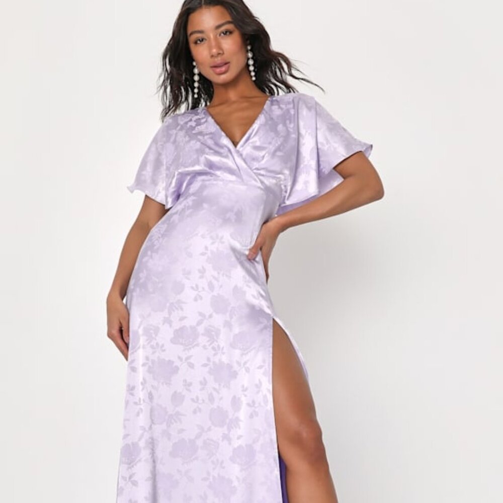 Lulus Lovely Admiration Lavender Satin Floral Jacquard Maxi Dress Purple